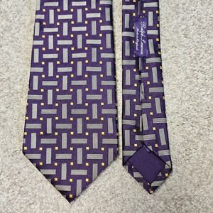 Ralph Lauren‎ Purple Label Silk Tie Purple Geometric Yellow Gray Pattern 4" Wide